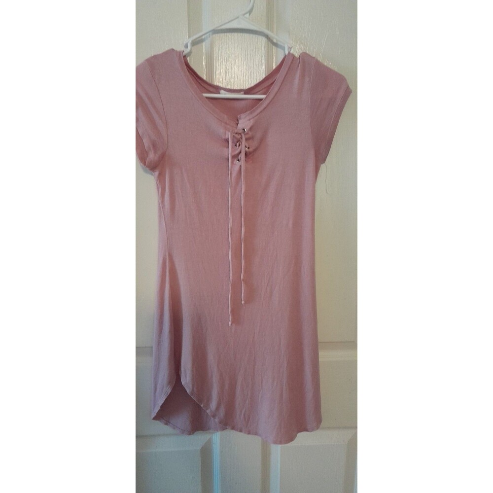 Vintage 'Occasion' Pink Tee Shirt Mini Dress With Tie Up Chest. Pit 28". B43